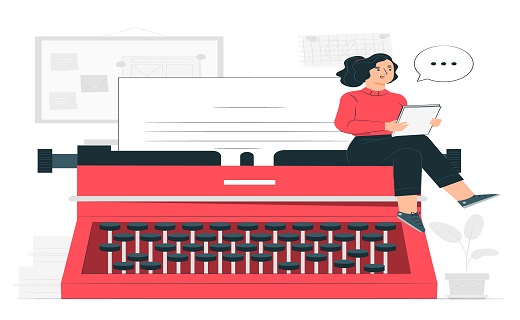 ilustração de uma personagem em cima de uma máquina de escrever.