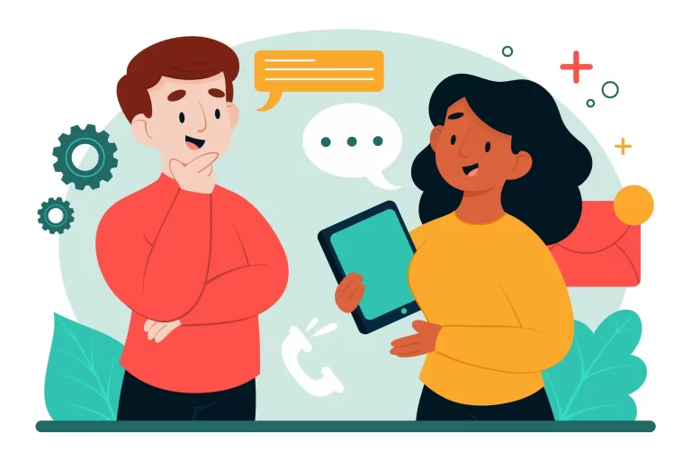 Imagem com dois personagens desenhados conversando entre si.