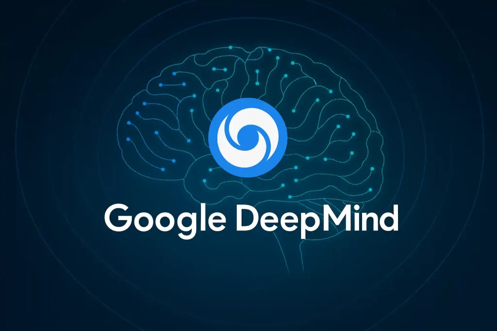 Imagem ilustrativa com o logo do Google deep mind com um cérebro digital na parte de trás.