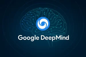 Imagem ilustrativa com o logo do Google deep mind com um cérebro digital na parte de trás.