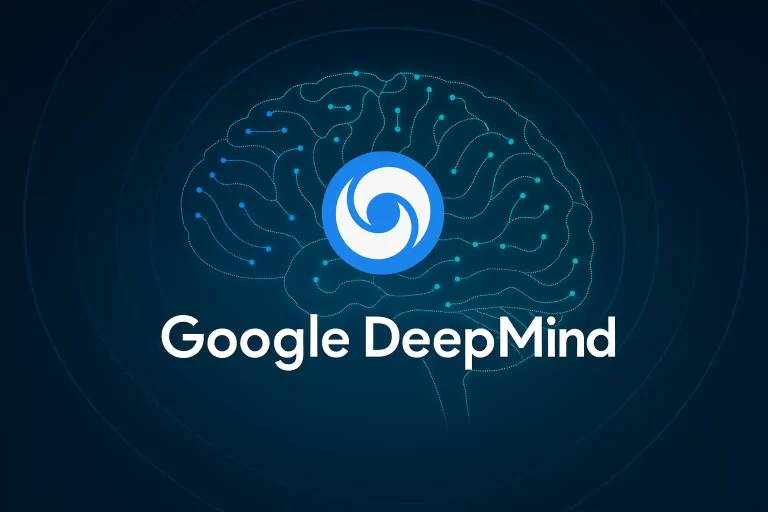 Imagem ilustrativa com o logo do Google deep mind com um cérebro digital na parte de trás.