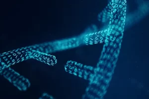 Hélice de DNA formada por código binário azul brilhante em um fundo escuro.