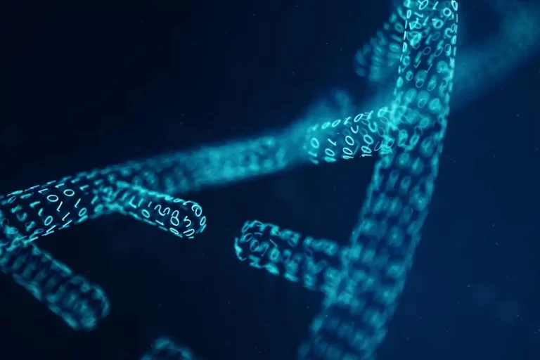 Hélice de DNA formada por código binário azul brilhante em um fundo escuro.