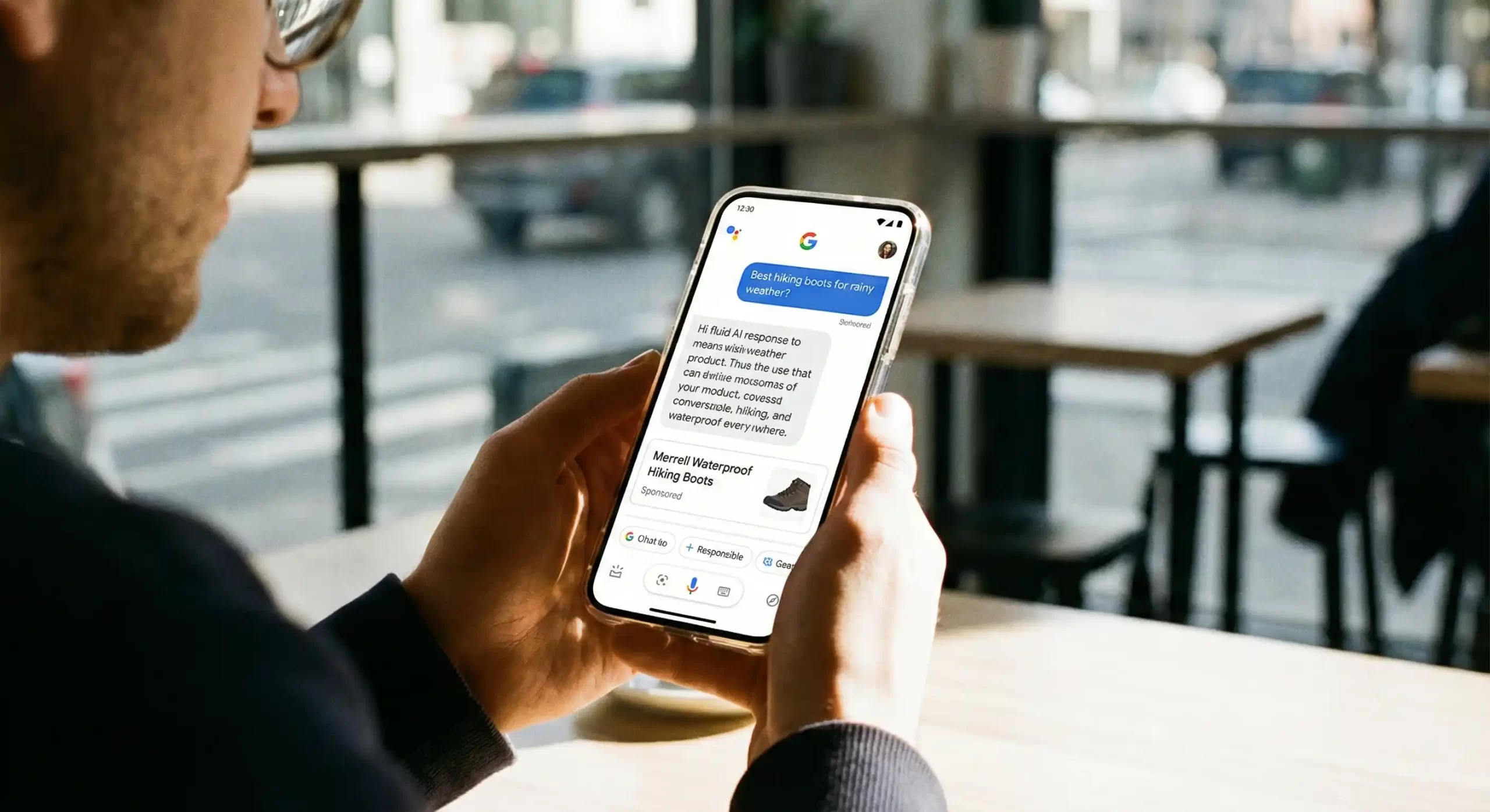 Pessoa segurando um smartphone exibindo o Google AI Mode, onde aparecem respostas geradas por IA junto a anúncios patrocinados em destaque durante uma conversa sobre botas impermeáveis para trilhas, em um ambiente de cafeteria moderna.