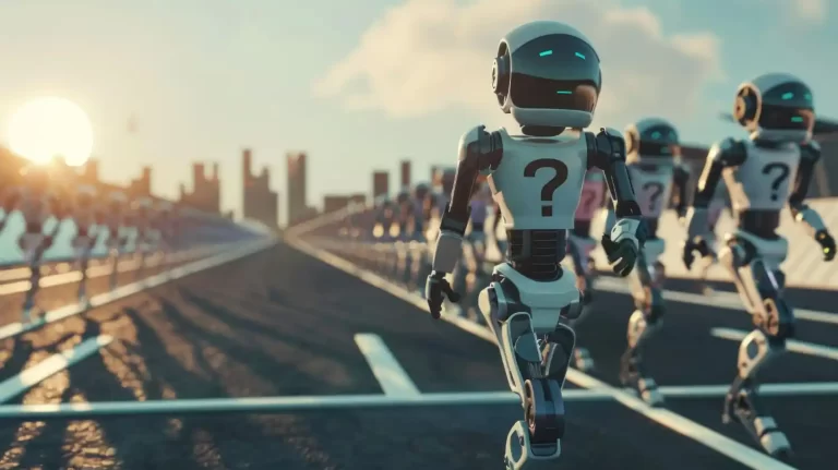 Robôs humanoides alinhados em uma pista de corrida em direção a uma cidade ao fundo, com grandes pontos de interrogação no peito, simbolizando a corrida pelo futuro da inteligência artificial e suas incertezas.