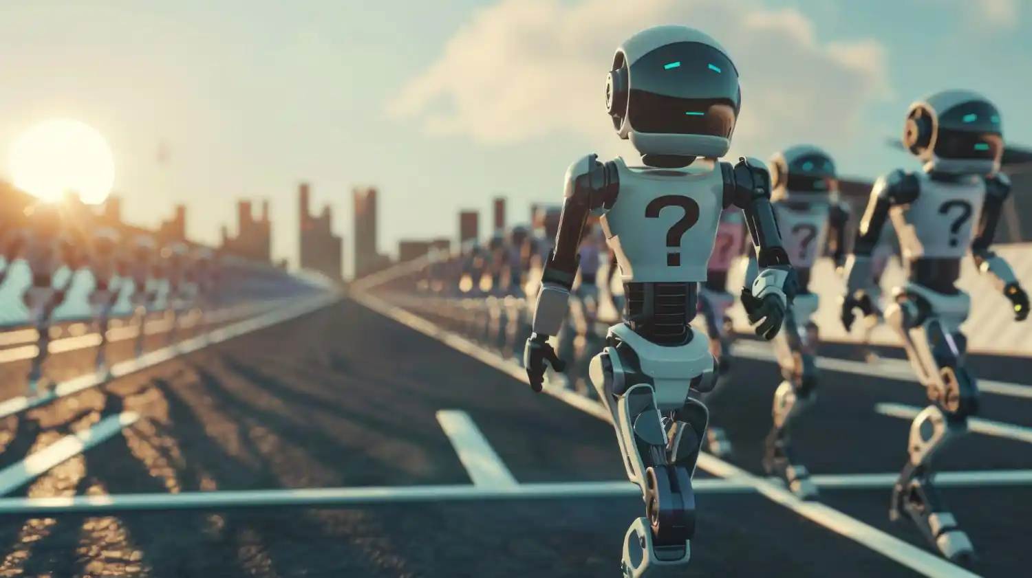 Robôs humanoides alinhados em uma pista de corrida em direção a uma cidade ao fundo, com grandes pontos de interrogação no peito, simbolizando a corrida pelo futuro da inteligência artificial e suas incertezas.